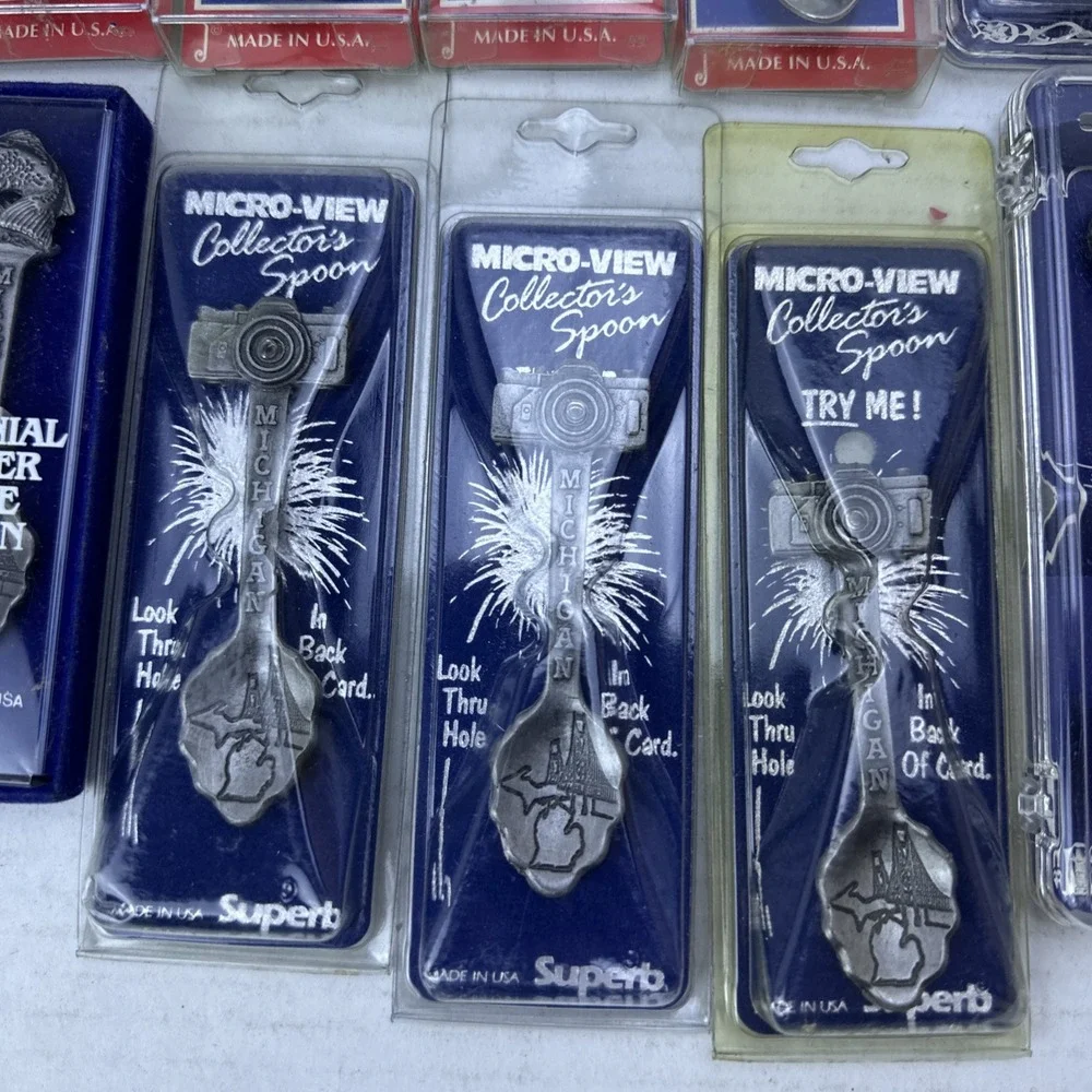 Lot of 37 Souvenir Spoons & Thimbles Michigan Silver Plated Collectors MicroView